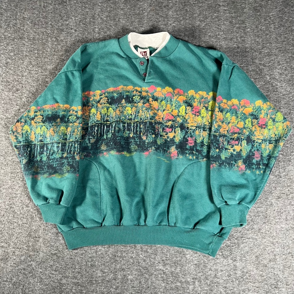 Vintage 90s Art Unlimited Nature  Sweatshirt Green XL Autumn Lake Wraparound